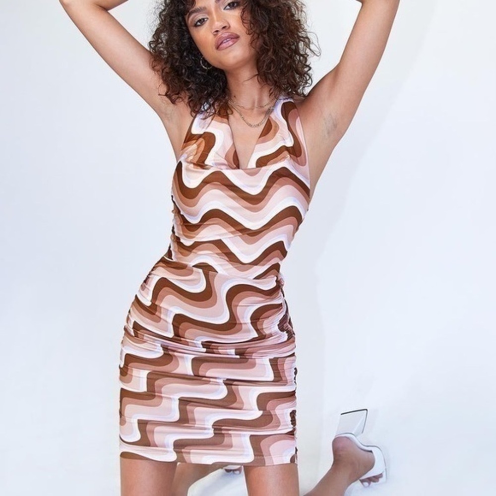 Princess Polly Brown Wavy Pattern Halter Bliss Mini Dress Sz.4 NWT!